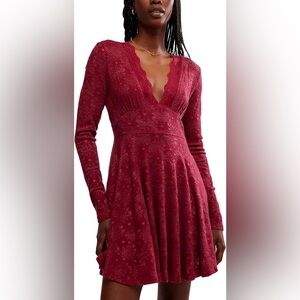 Free People All Yours Lace Fit Flare Mini Dress Red Medium